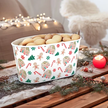 Karácsonyi fém kosár - házikó mintás - 19 x 11,5 x 9,5 cm   Karácsonyi fém kosár - házikó mintás - 19 x 11,5 x 9,5 cm