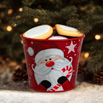 Karácsonyi dekoráció - fém kaspó, vödör - Mikulás - 13 x 11 cm Karácsonyi dekoráció - fém kaspó, vödör - Mikulás - 13 x 11 cm