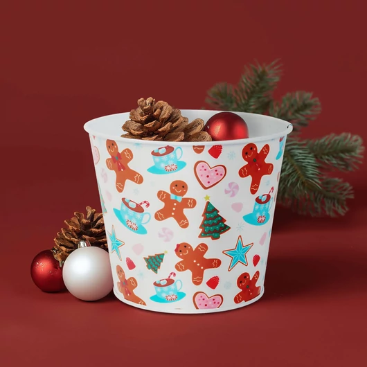 Karácsonyi dekoráció - fém kaspó, vödör - Mézeskalács - 13 x 11 cm